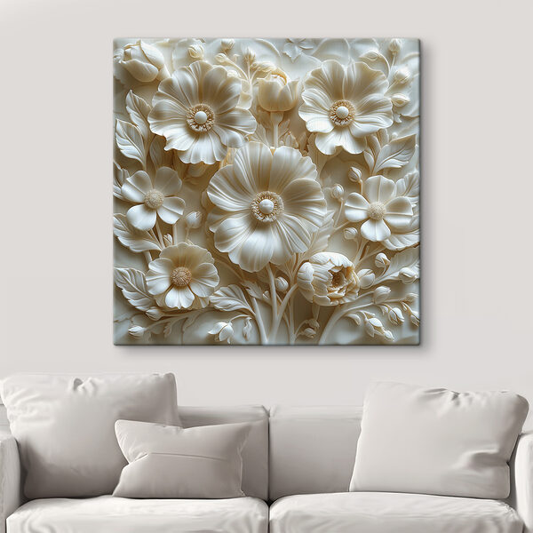 White flower sculpture with leaves and flowers