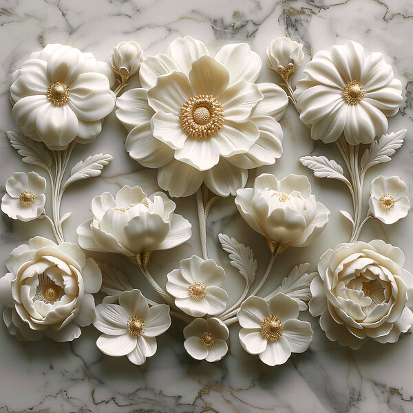 Group of white flowers on a marble surface Group of white flowers on a marble surface