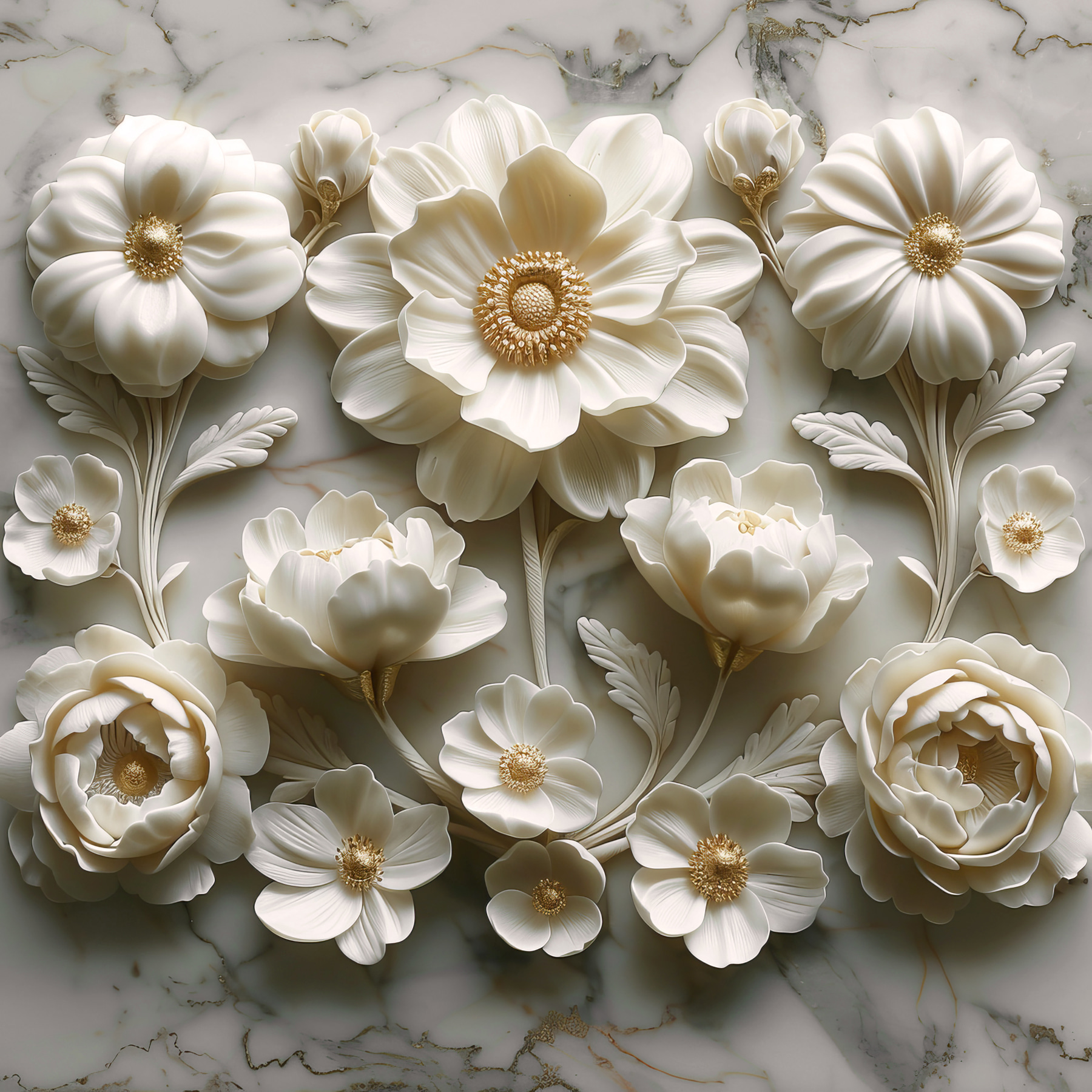 Group of white flowers on a marble surface Group of white flowers on a marble surface