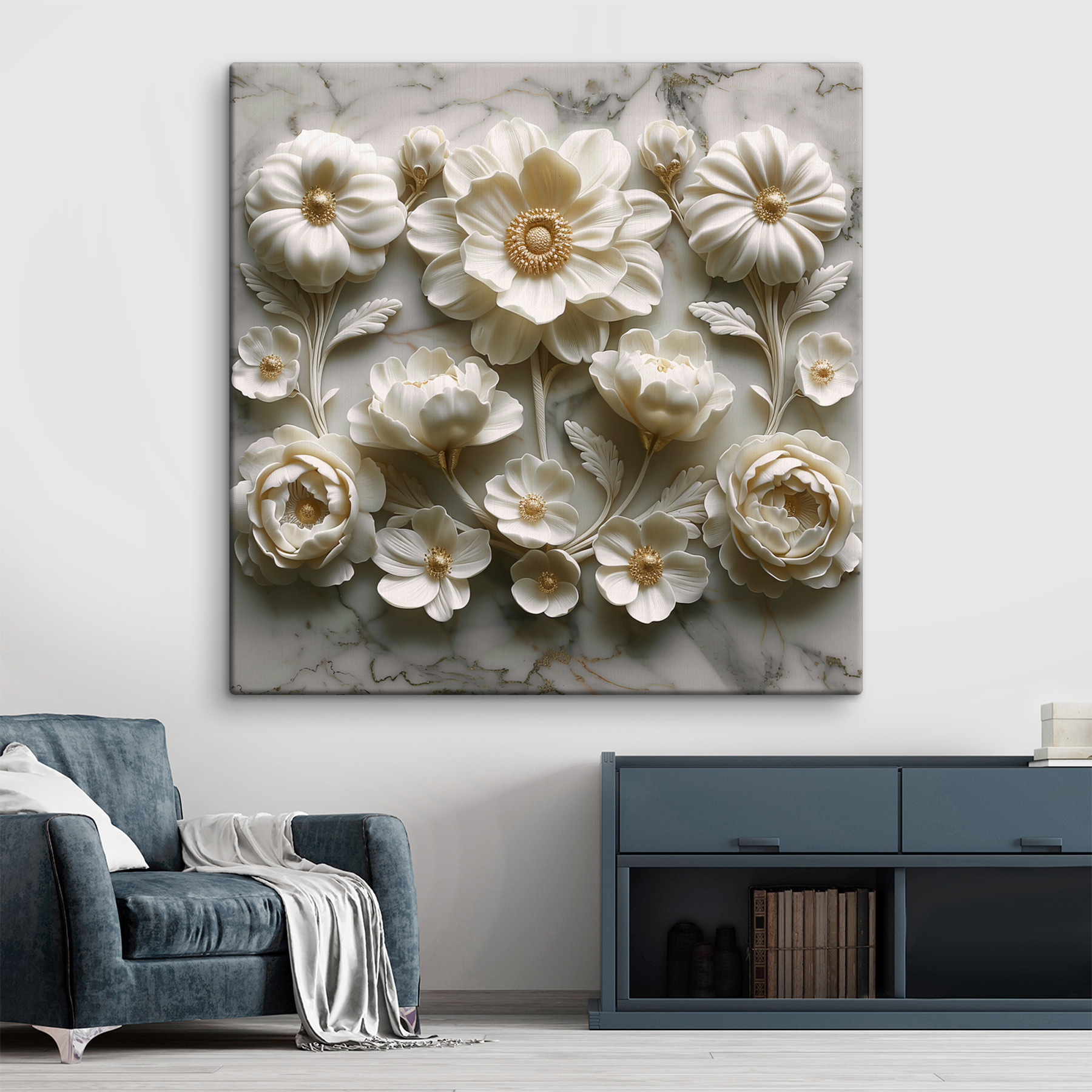 Group of white flowers on a marble surface Group of white flowers on a marble surface