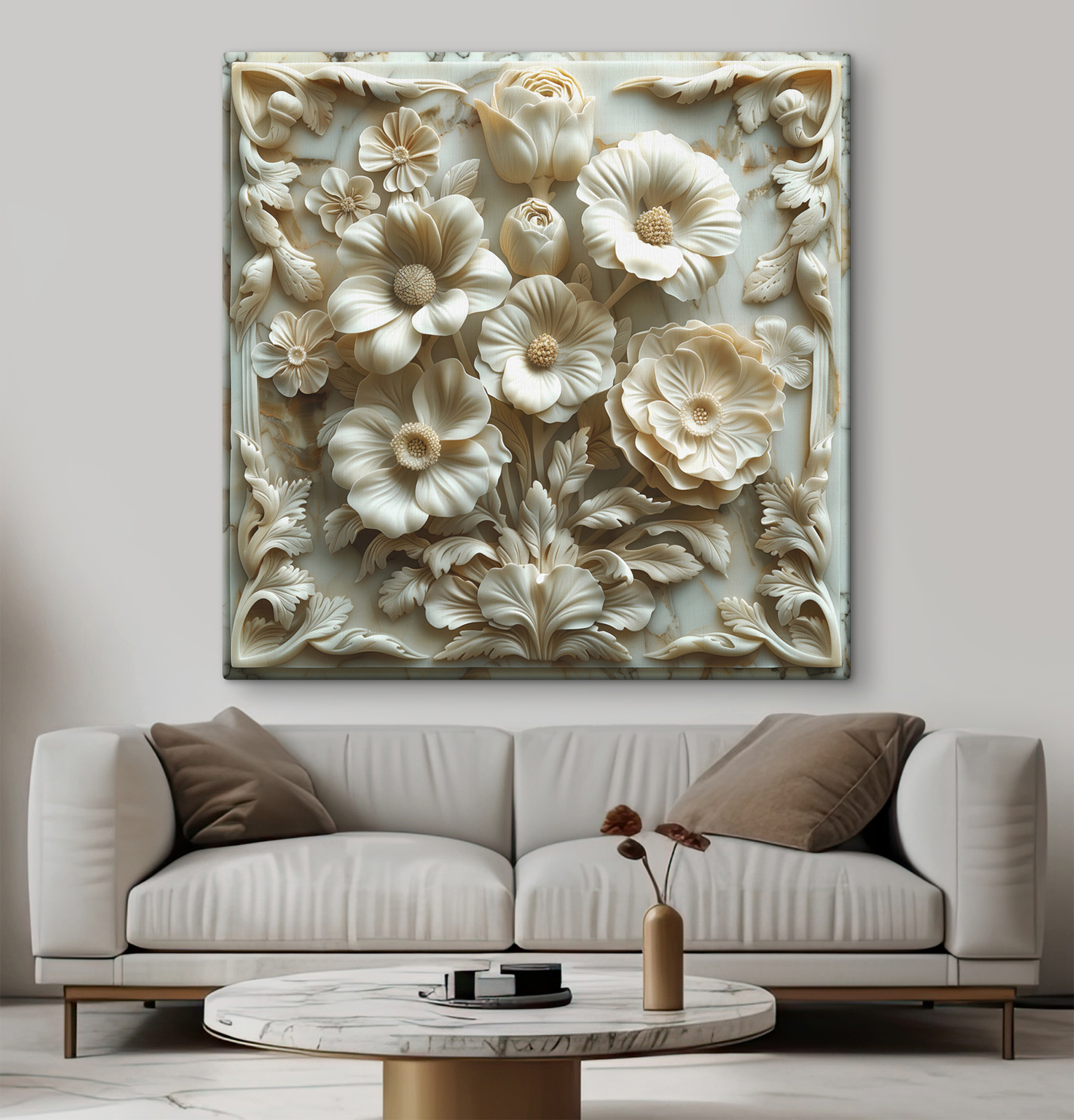 White flower carving on a marble surface White flower carving on a marble surface