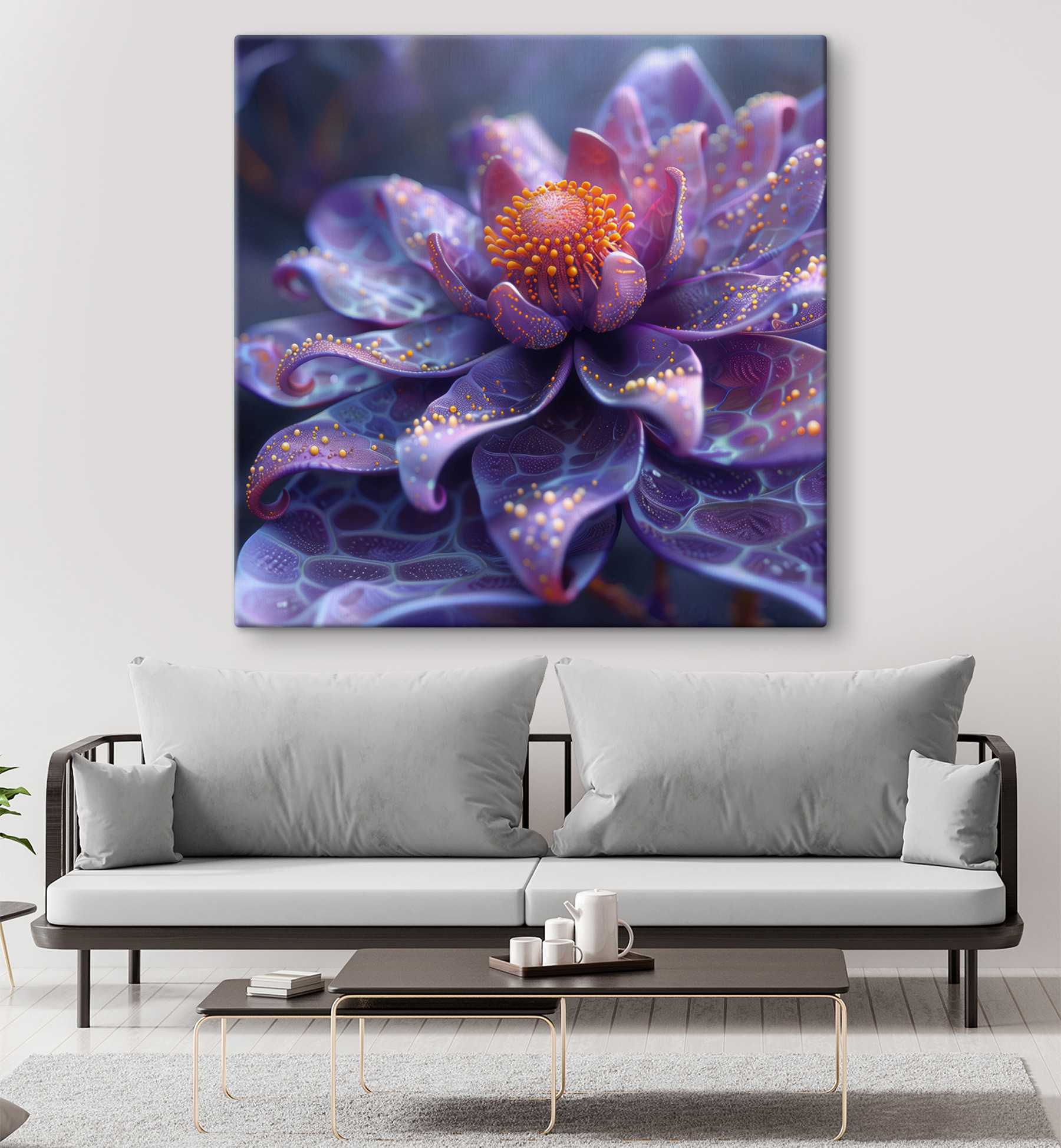Purple flower with orange dots Purple flower with orange dots