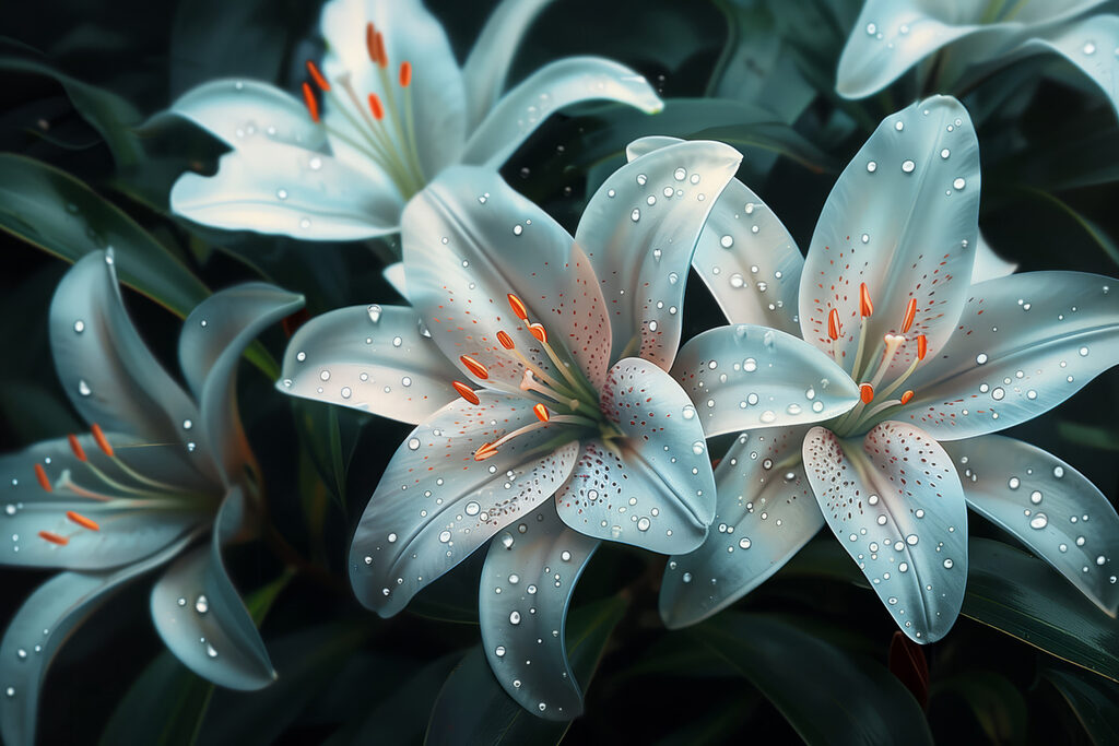 Group of white flowers with water droplets on them Group of white flowers with water droplets on them