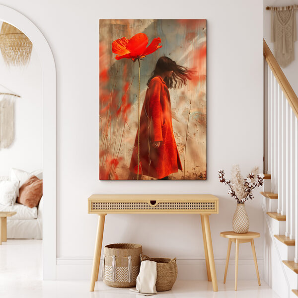Una mujer con un abrigo rojo y una flor grande Cuadros Una mujer con un abrigo rojo y una flor grande