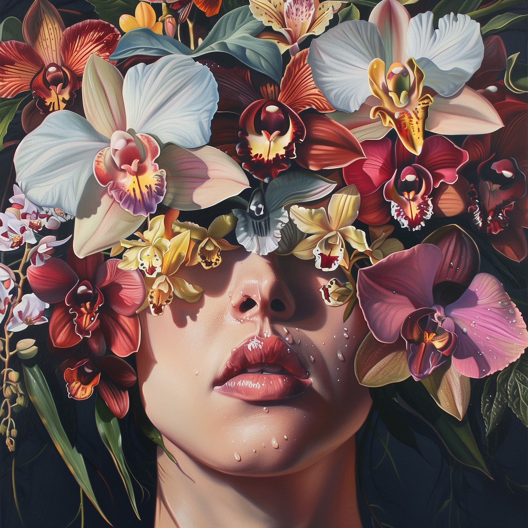 Painting of a woman with flowers on her head Painting of a woman with flowers on her head