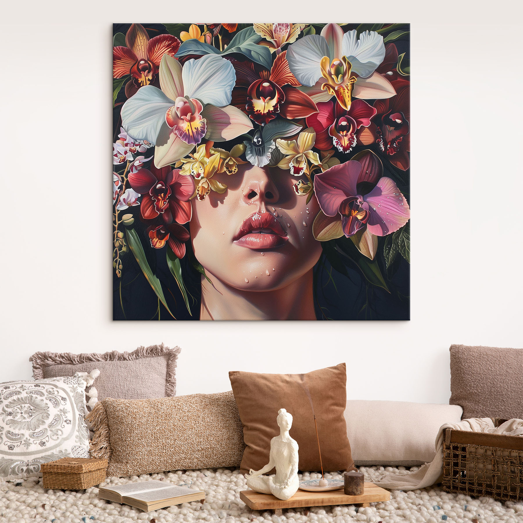 Painting of a woman with flowers on her head Painting of a woman with flowers on her head