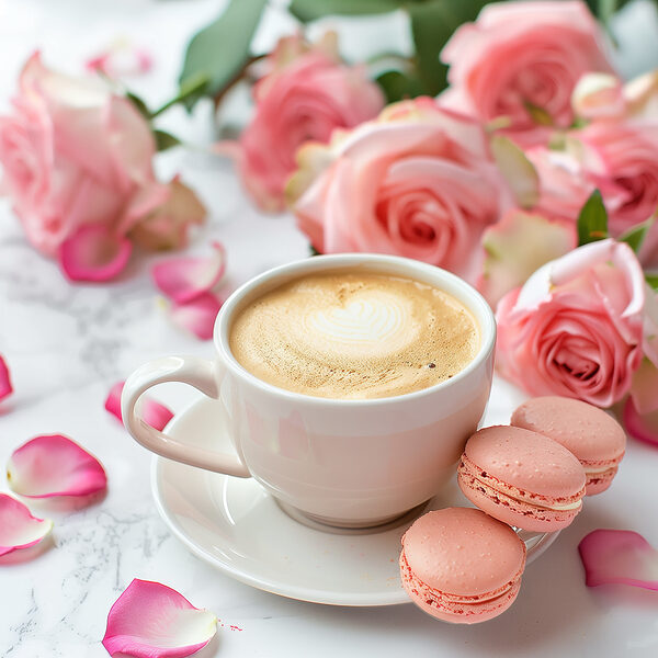Cup of coffee and pink roses Cup of coffee and pink roses
