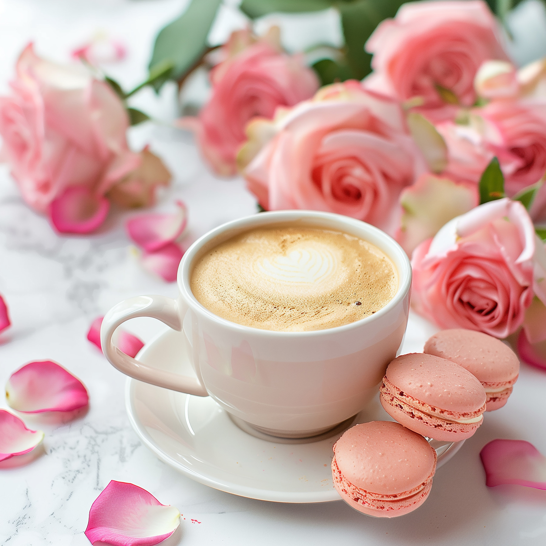 Cup of coffee and pink roses Cup of coffee and pink roses