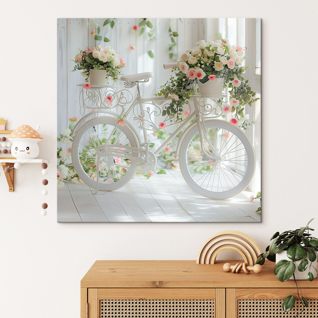 White bicycle with flowers on it White bicycle with flowers on it
