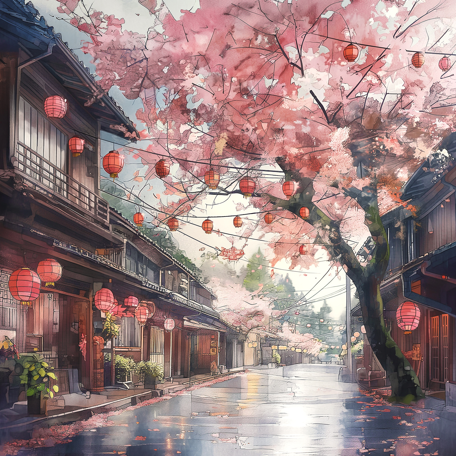 Street with pink lanterns and trees
