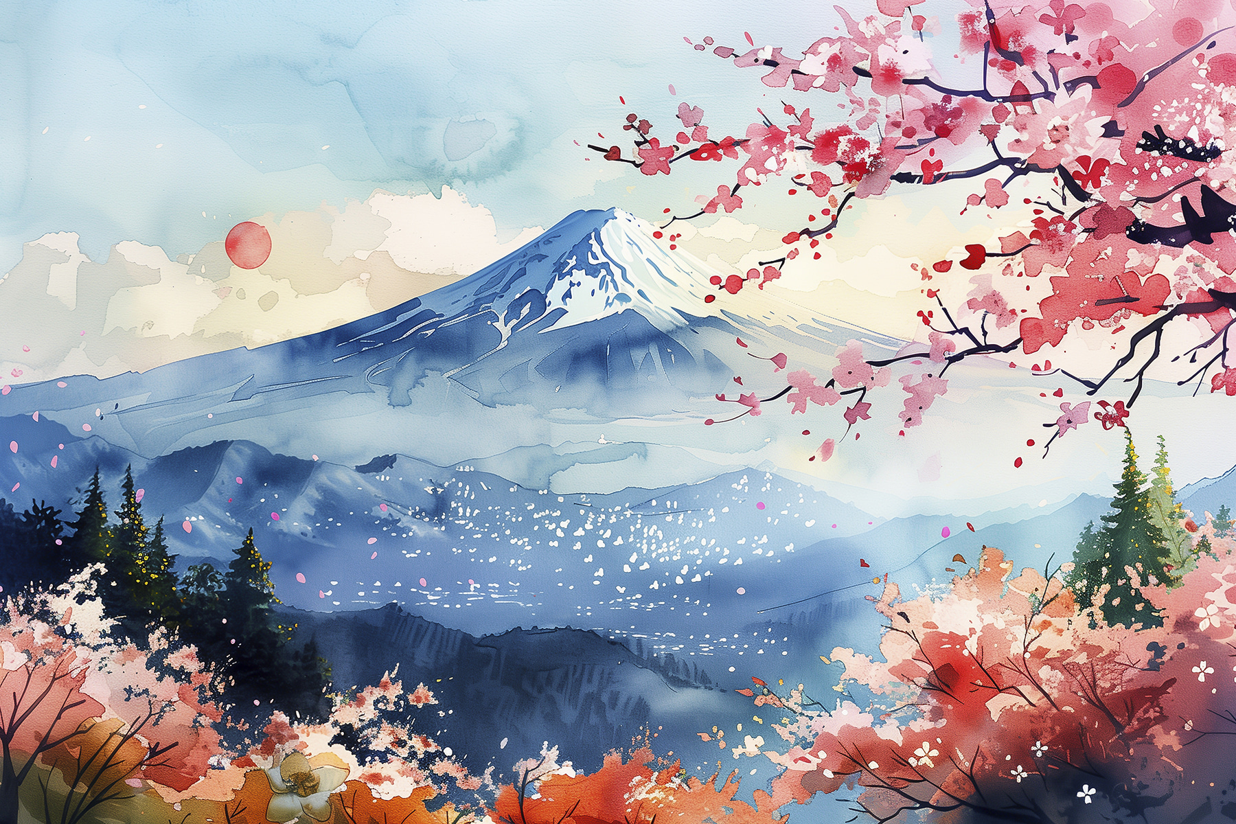 Watercolor of a mountain with a snowy peak Watercolor of a mountain with a snowy peak