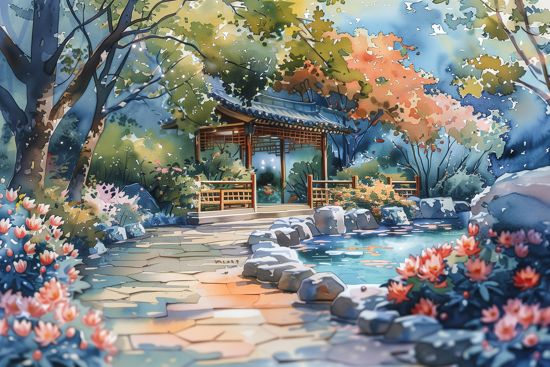 Watercolor painting of a path with a bridge and trees
