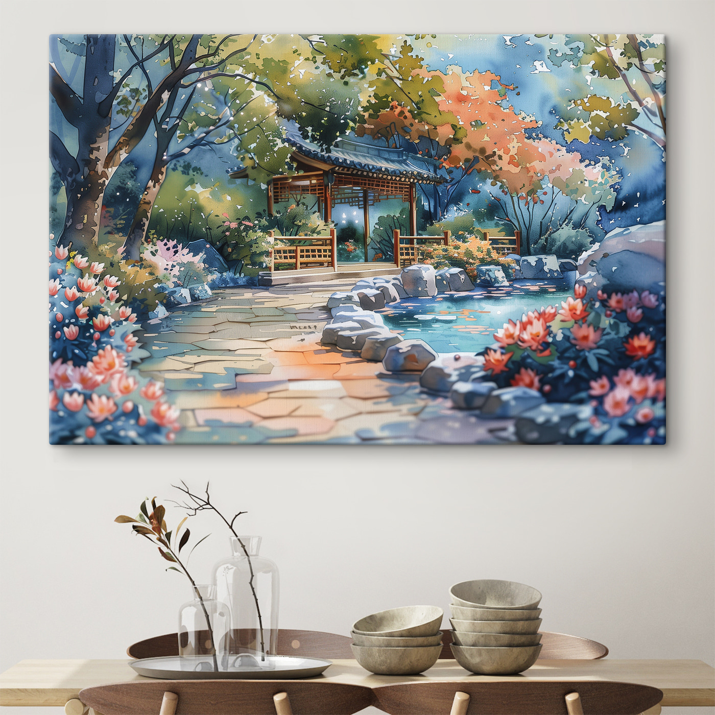 Watercolor painting of a path with a bridge and trees