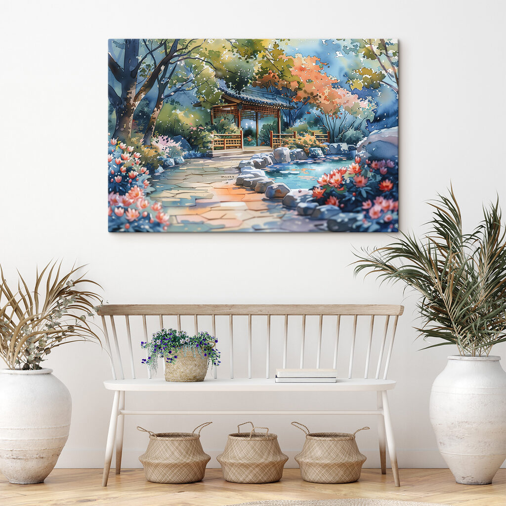 Watercolor painting of a path with a bridge and trees
