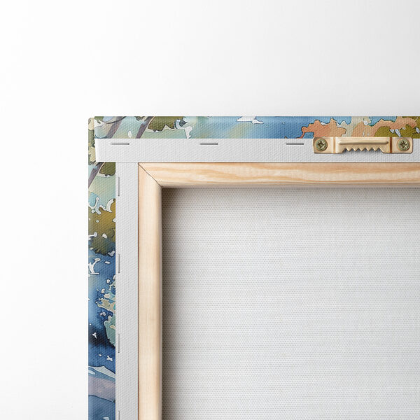 Watercolor painting of a path with a bridge and trees