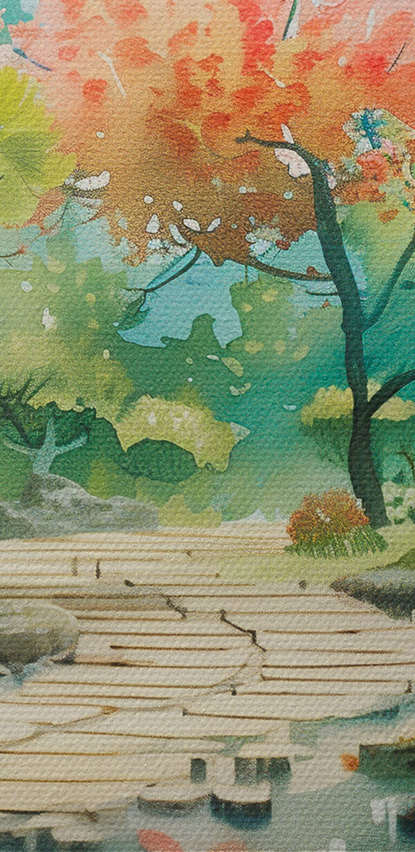 Watercolor painting of a river with trees and bushes