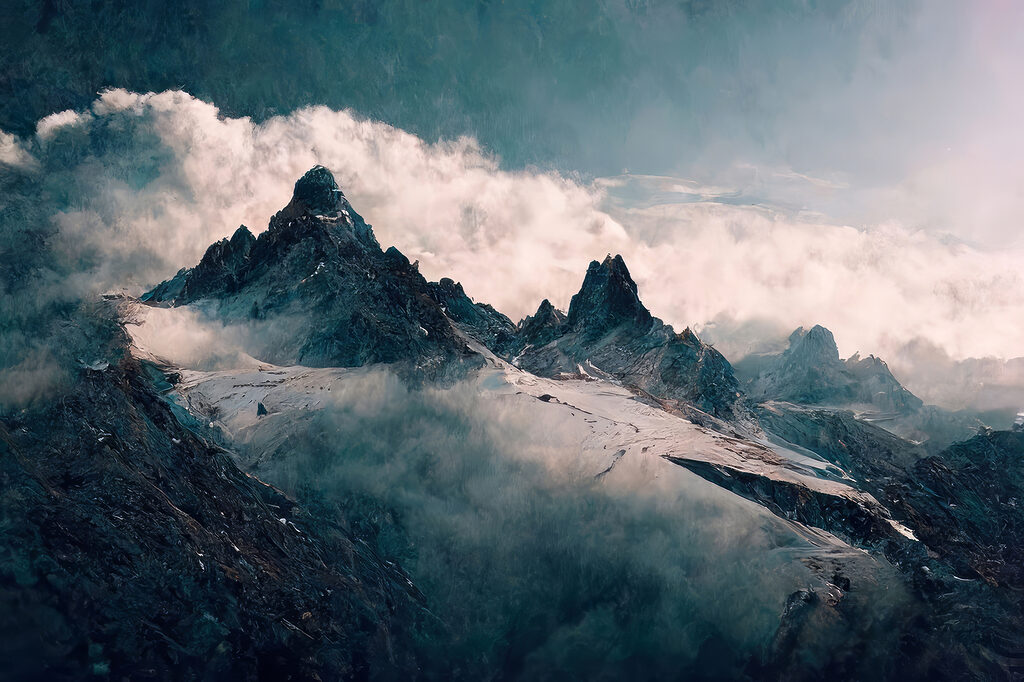 Snowy mountain tops with clouds