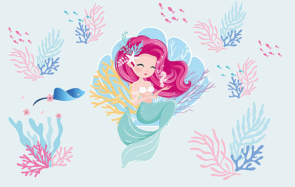 Sirena de dibujos animados con pelo rosa y un caballito de mar Sirena de dibujos animados con pelo rosa y un caballito de mar
