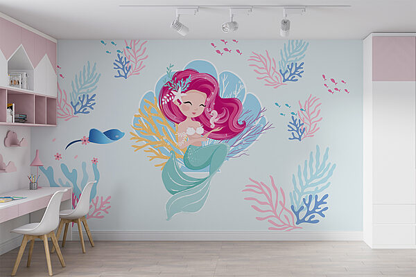 Sirena de dibujos animados con pelo rosa y un caballito de mar Sirena de dibujos animados con pelo rosa y un caballito de mar