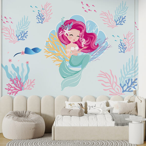 Sirena de dibujos animados con pelo rosa y un caballito de mar Sirena de dibujos animados con pelo rosa y un caballito de mar