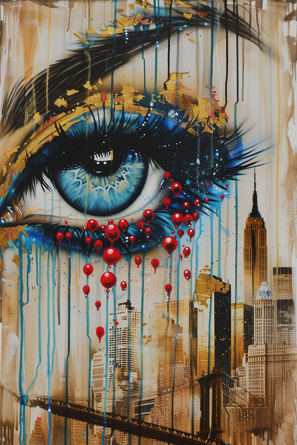 Painting of a woman's eye and city Painting of a woman's eye and city