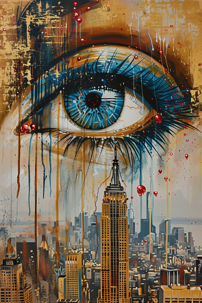 Painting of a city with a blue eye and a tall building Painting of a city with a blue eye and a tall building