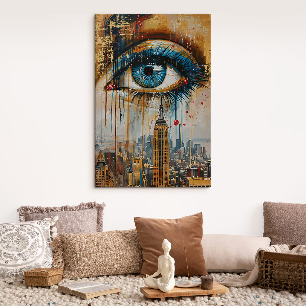 Painting of a city with a blue eye and a tall building Painting of a city with a blue eye and a tall building
