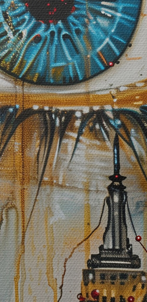 Painting of a city with a blue eye and a tall building Painting of a city with a blue eye and a tall building