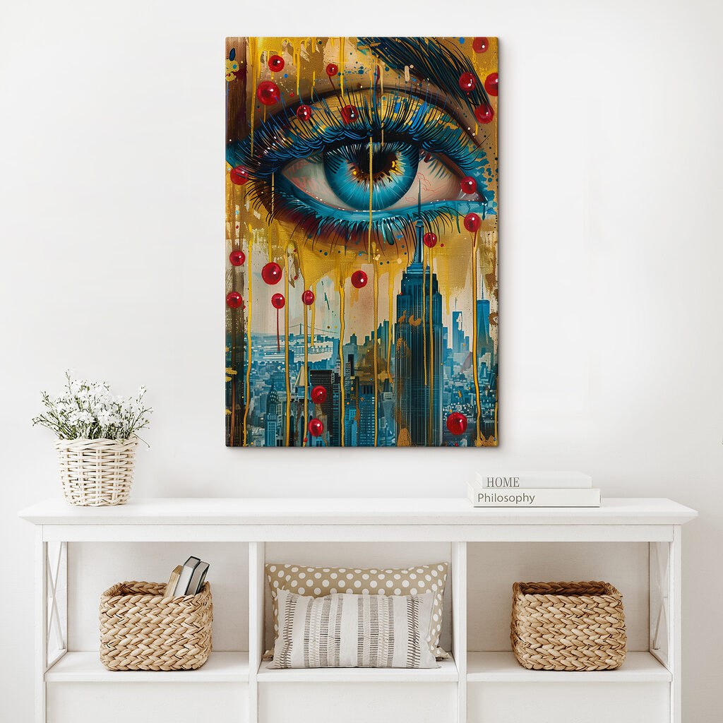 Painting of a woman's eye and cityscape Painting of a woman's eye and cityscape