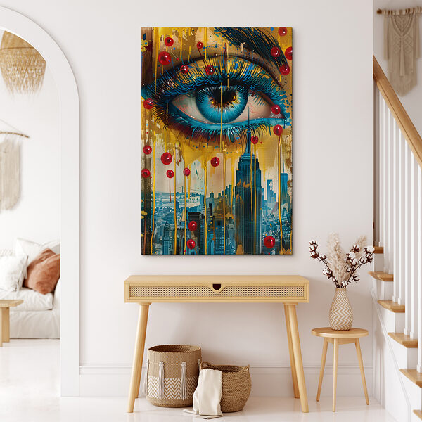 Painting of a woman's eye and cityscape Painting of a woman's eye and cityscape
