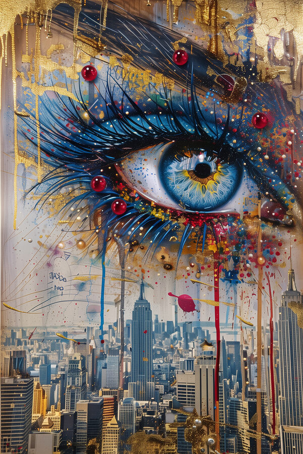 Painting of a woman's eye and a city
