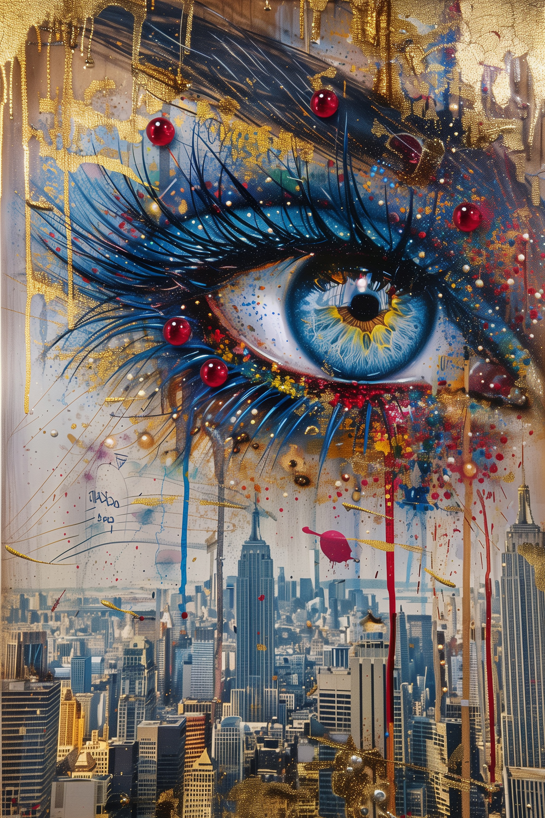 Painting of a woman's eye and a city