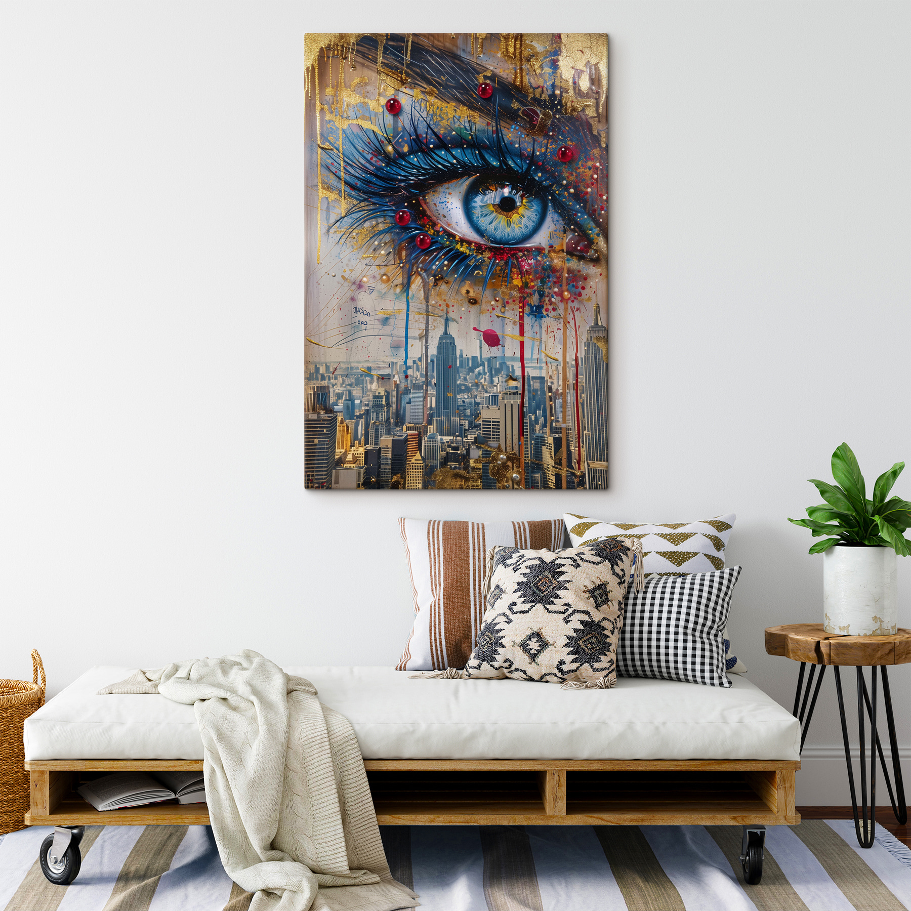 Painting of a woman's eye and a city