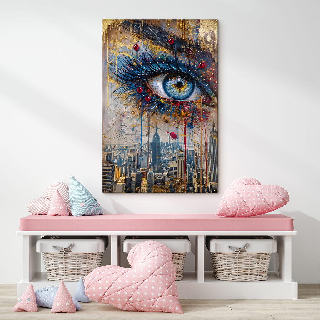 Painting of a woman's eye and a city