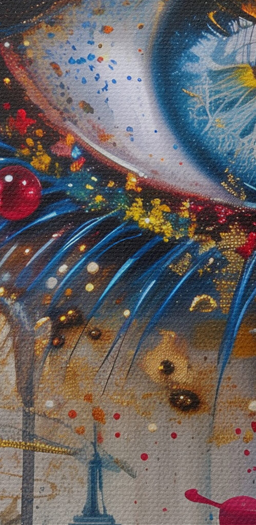 Painting of a woman's eye and a city