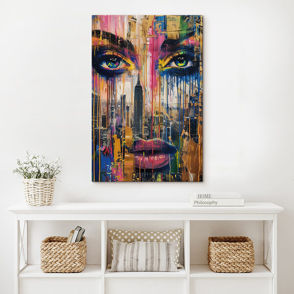 Cuadro en el que se ve el rostro de una mujer con pintura de colores que le gotea por la cara Cuadros Cuadro en el que se ve el rostro de una mujer con pintura de colores que le gotea por la cara