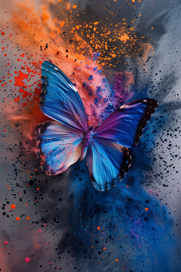 Butterfly with blue wings and colorful paint splashes Butterfly with blue wings and colorful paint splashes
