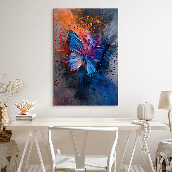 Mariposa con alas azules y salpicaduras de pintura de colores Cuadros Mariposa con alas azules y salpicaduras de pintura de colores