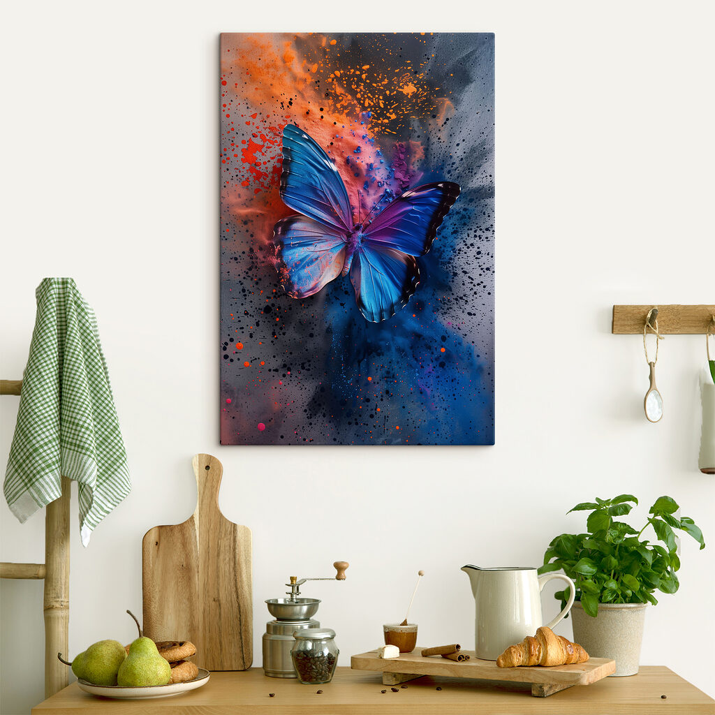 Butterfly with blue wings and colorful paint splashes Butterfly with blue wings and colorful paint splashes