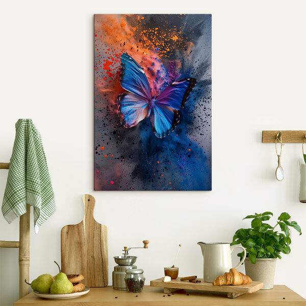 Butterfly with blue wings and colorful paint splashes Butterfly with blue wings and colorful paint splashes
