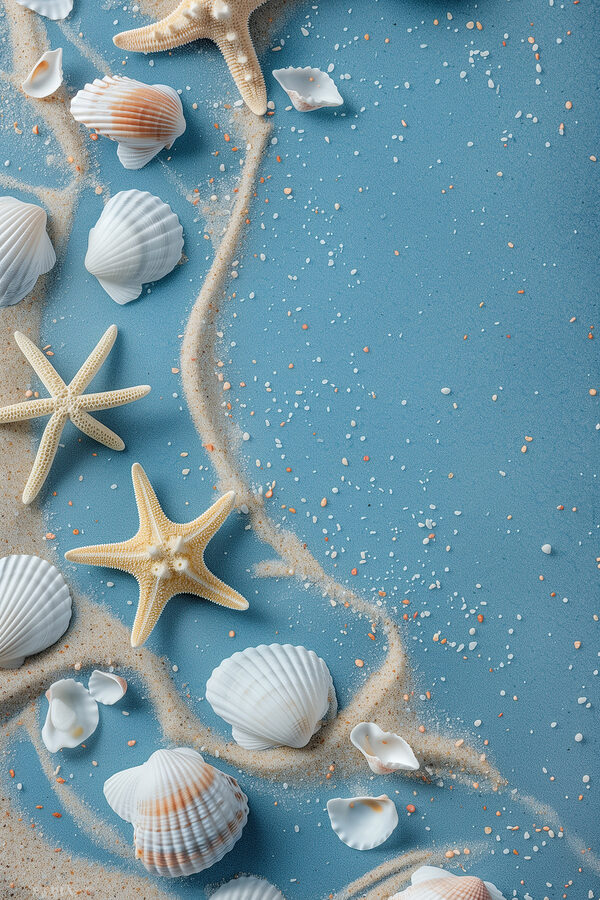 Group of shells and starfishes on a blue surface Group of shells and starfishes on a blue surface