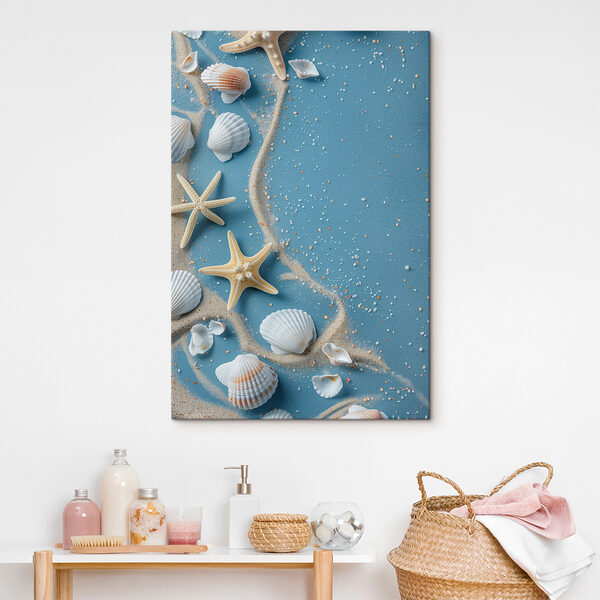 Cuadros Cuadros Conjunto de conchas y estrellas de mar sobre una superficie azul (SKU: s39808)