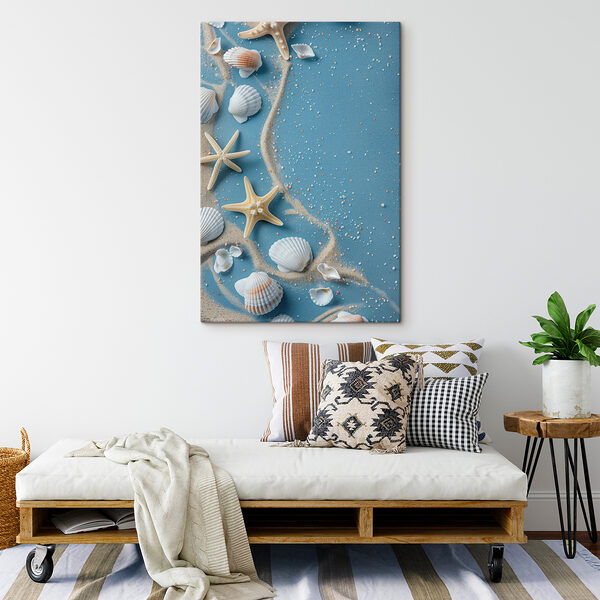 Group of shells and starfishes on a blue surface Group of shells and starfishes on a blue surface