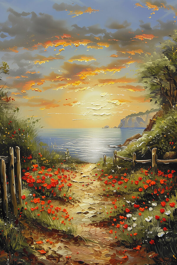 Painting of a path leading to a body of water Painting of a path leading to a body of water