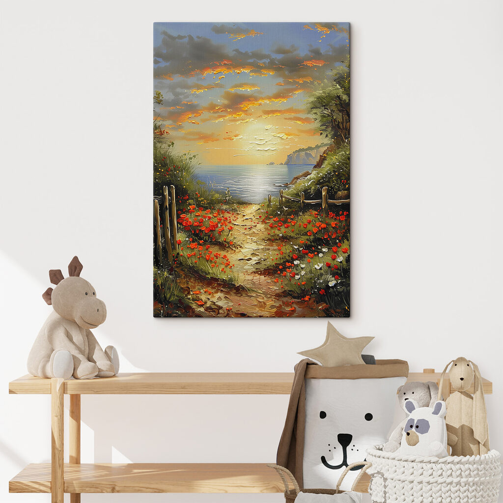 Painting of a path leading to a body of water Painting of a path leading to a body of water