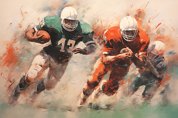 Painting of football players running with the ball Painting of football players running with the ball