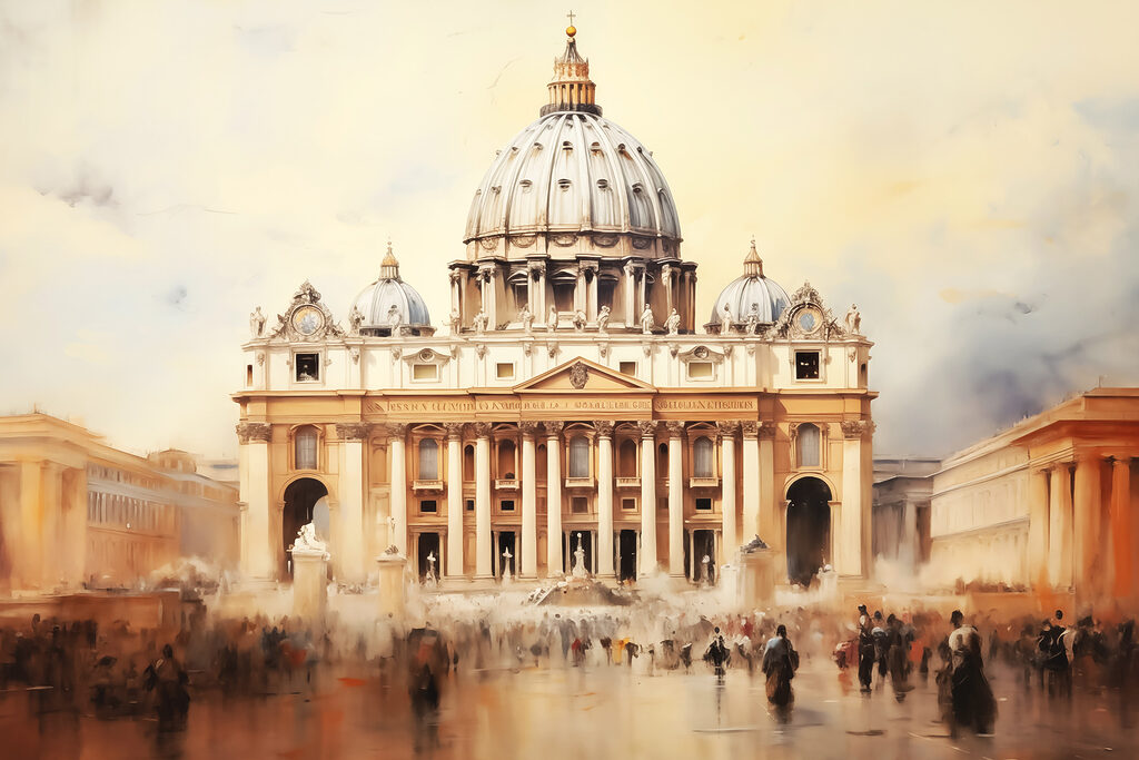 Large building with a dome and people walking in front