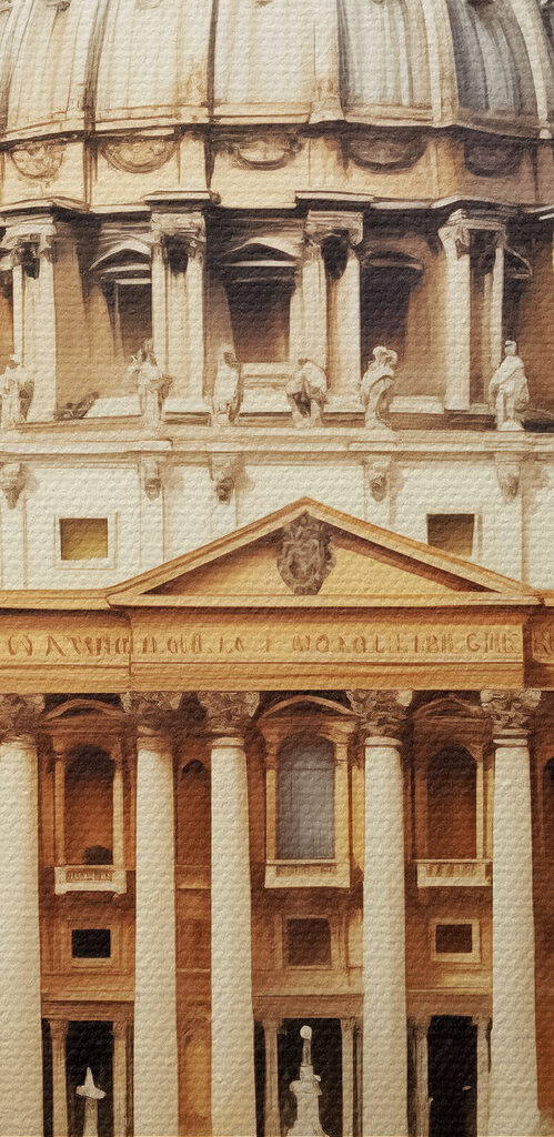 Large building with a dome and people walking in front