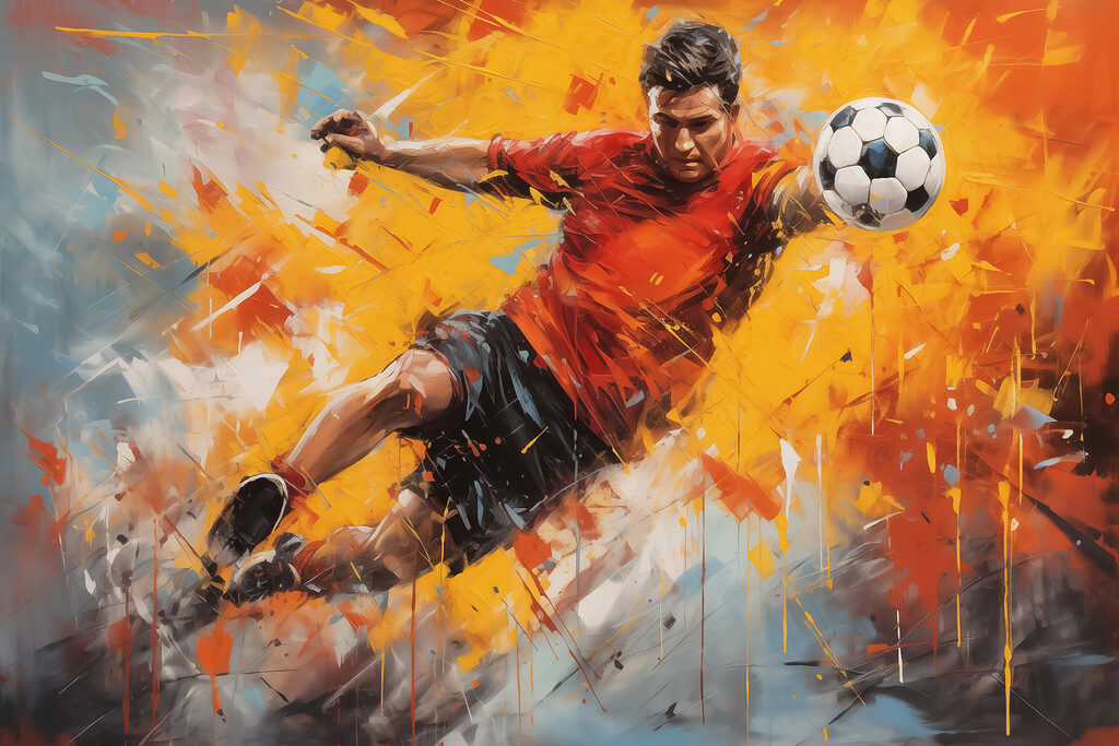 Man in a red shirt kicking a football ball