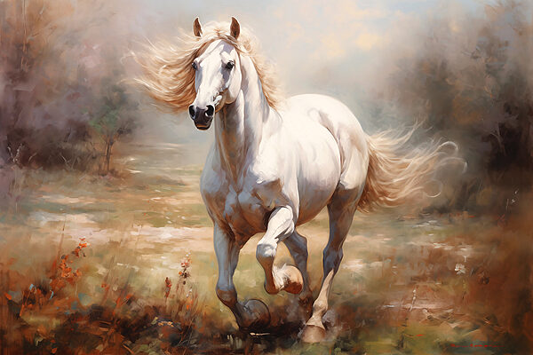 White horse running in a field White horse running in a field